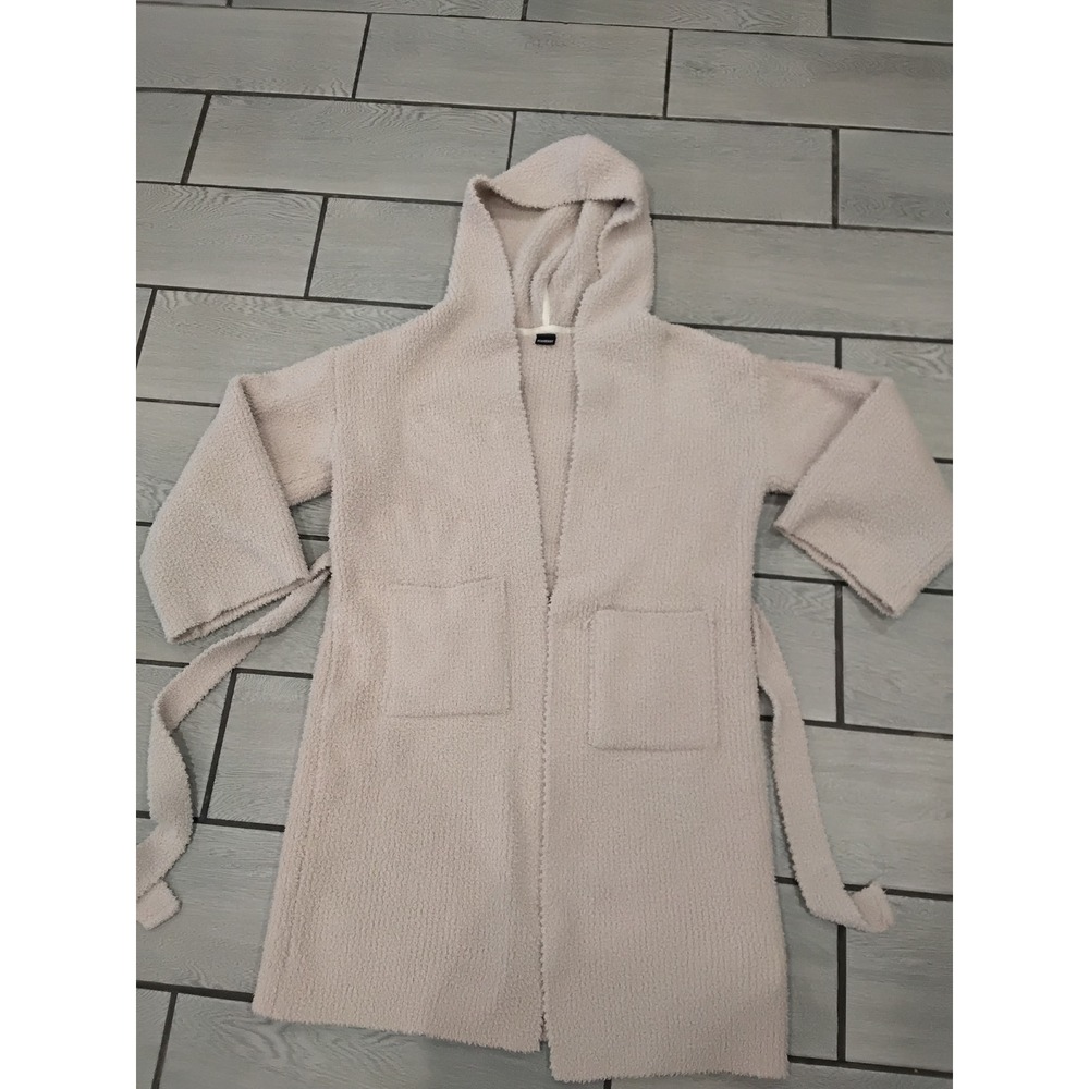 Bearberry Hooded Sherpa Fleece Robe Beige Plush Belted Loungewear Bathrobe